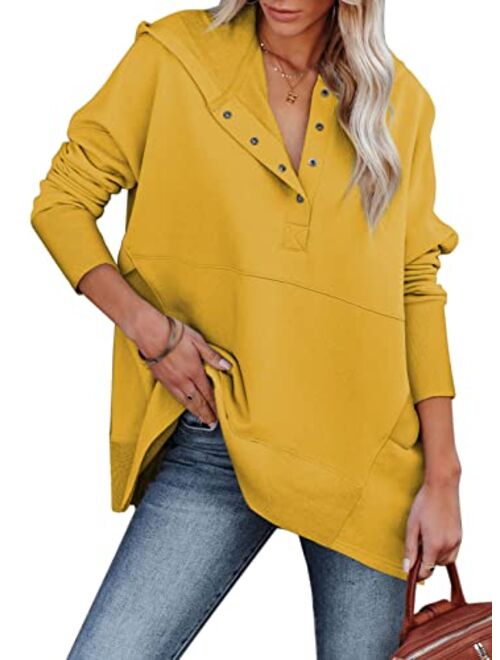 AlvaQ Women Casual Button V Neck Hoodies Oversized Pullover Sweatshirt Hooded Tops with Pockets