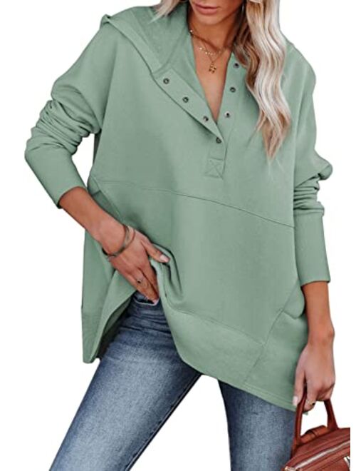 AlvaQ Women Casual Button V Neck Hoodies Oversized Pullover Sweatshirt Hooded Tops with Pockets