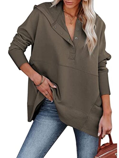 AlvaQ Women Casual Button V Neck Hoodies Oversized Pullover Sweatshirt Hooded Tops with Pockets