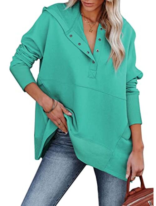 AlvaQ Women Casual Button V Neck Hoodies Oversized Pullover Sweatshirt Hooded Tops with Pockets