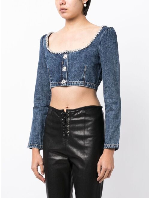 Self-Portrait crystal-embellished cropped denim top