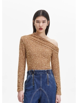 She's Got It All Gold Sequin Faux-Wrap Long Sleeve Crop Top