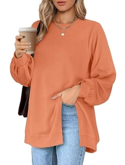 Wiholl Womens Sweatshirt Crew Neck Balloon Sleeve Split Hem Dressy Casual Tops