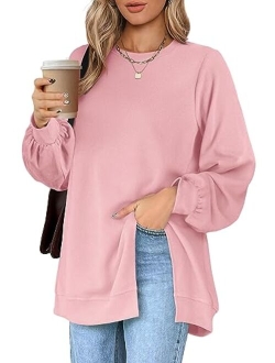 Wiholl Womens Sweatshirt Crew Neck Balloon Sleeve Split Hem Dressy Casual Tops