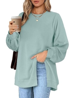 Wiholl Womens Sweatshirt Crew Neck Balloon Sleeve Split Hem Dressy Casual Tops