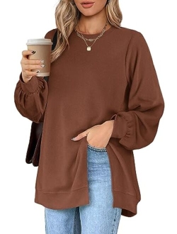 Wiholl Womens Sweatshirt Crew Neck Balloon Sleeve Split Hem Dressy Casual Tops