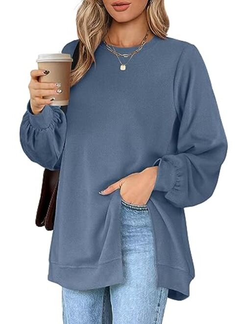 Wiholl Womens Sweatshirt Crew Neck Balloon Sleeve Split Hem Dressy Casual Tops