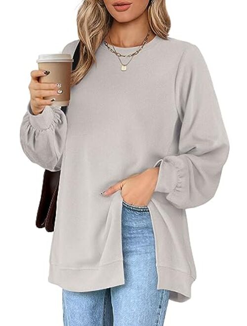 Wiholl Womens Sweatshirt Crew Neck Balloon Sleeve Split Hem Dressy Casual Tops