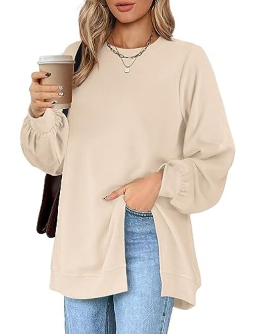 Wiholl Womens Sweatshirt Crew Neck Balloon Sleeve Split Hem Dressy Casual Tops