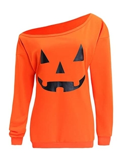 lymanchi Women Slouchy Shirts Halloween Pumpkin Long Sleeve Sweatshirts Pullover