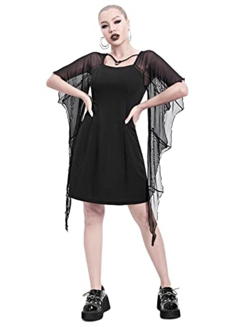 CYCLAMEN Women's Bat Wings Sleeves Dress A-line Midi Halloween Costumes Gothic Punk Alt Dress