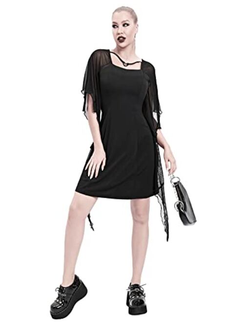 CYCLAMEN Women's Bat Wings Sleeves Dress A-line Midi Halloween Costumes Gothic Punk Alt Dress