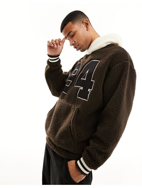 ASOS DESIGN oversized hoodie with front embroidery in brown borg