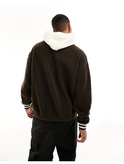 ASOS DESIGN oversized hoodie with front embroidery in brown borg