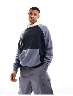 oversized hoodie with blocking in denim blue polar fleece