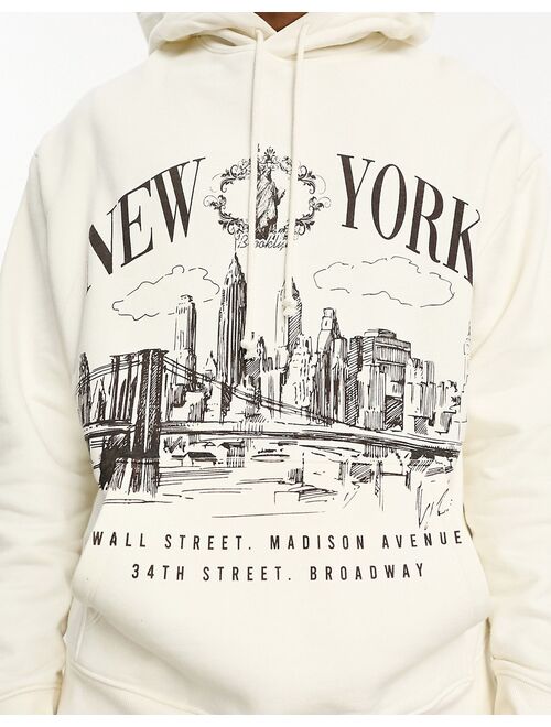 ASOS DESIGN oversized hoodie in off white with New York city skyline print