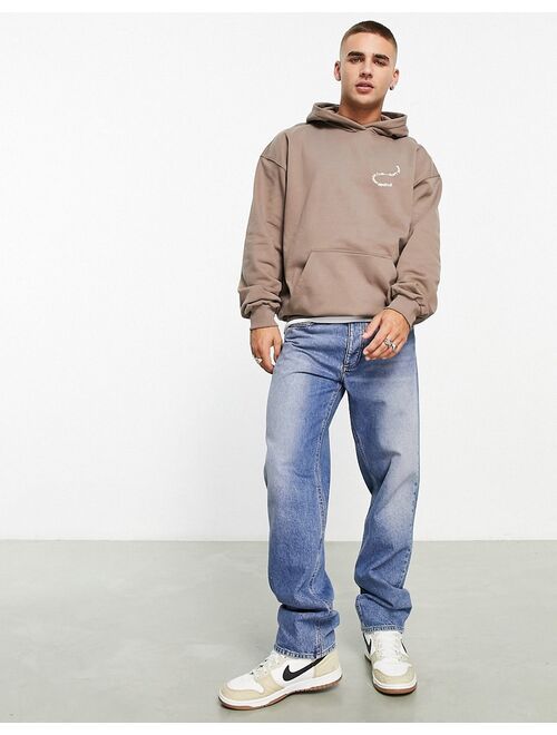 Dr Denim Damien relaxed fit hoodie in brown with Happy Hour back print