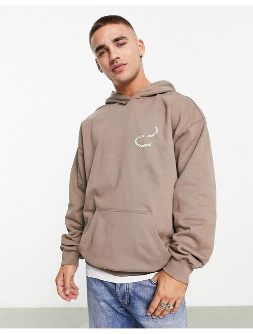 Dr Denim Damien relaxed fit hoodie in brown with Happy Hour back print