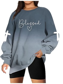 UNIQUEONE Blessed Sweatshirt for Women Letter Print Lightweight Thanksgiving Pullover Tops Blouse