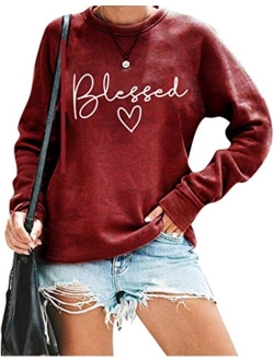 UNIQUEONE Blessed Sweatshirt for Women Letter Print Lightweight Thanksgiving Pullover Tops Blouse