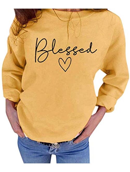 UNIQUEONE Blessed Sweatshirt for Women Letter Print Lightweight Thanksgiving Pullover Tops Blouse