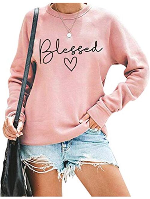 UNIQUEONE Blessed Sweatshirt for Women Letter Print Lightweight Thanksgiving Pullover Tops Blouse