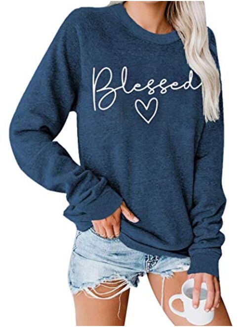 UNIQUEONE Blessed Sweatshirt for Women Letter Print Lightweight Thanksgiving Pullover Tops Blouse