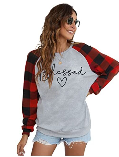 UNIQUEONE Blessed Sweatshirt for Women Letter Print Lightweight Thanksgiving Pullover Tops Blouse