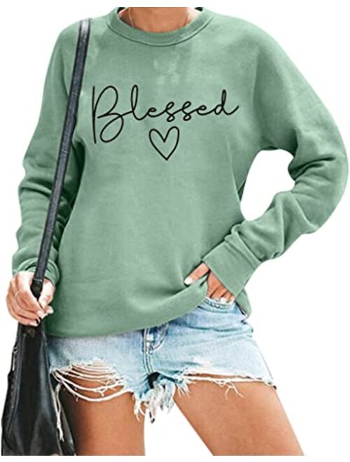 UNIQUEONE Blessed Sweatshirt for Women Letter Print Lightweight Thanksgiving Pullover Tops Blouse