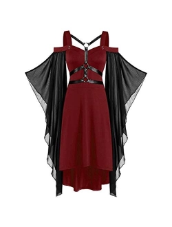 Cdiecer Halloween Dress for Women Plus Size Gothic Dress Sexy Cold Shoulder Witchy Dress Butterfly Sleeve Lace Up Goth Dress