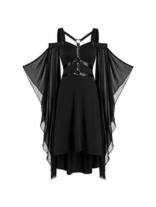 Cdiecer Halloween Dress for Women Plus Size Gothic Dress Sexy Cold Shoulder Witchy Dress Butterfly Sleeve Lace Up Goth Dress