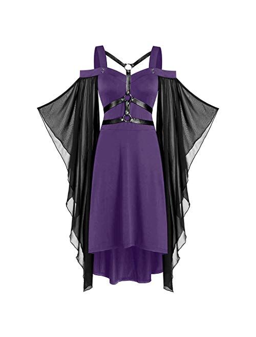 Cdiecer Halloween Dress for Women Plus Size Gothic Dress Sexy Cold Shoulder Witchy Dress Butterfly Sleeve Lace Up Goth Dress