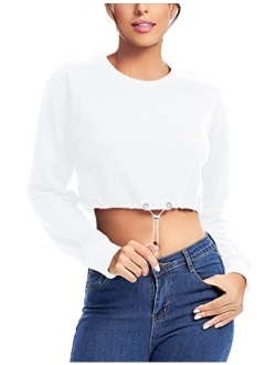 Women's Summer Long Sleeve Crop Top Hoodie Workout Casual Cute Pullover Cropped Sweatshirt