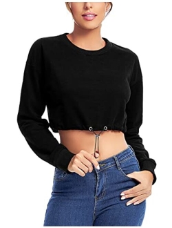 Women's Summer Long Sleeve Crop Top Hoodie Workout Casual Cute Pullover Cropped Sweatshirt