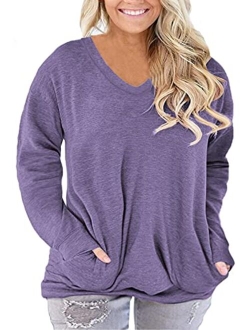 ROSRISS Plus-Size-Tops for Women Long Sleeve Casual Tunics V Neck Pockets Shirts