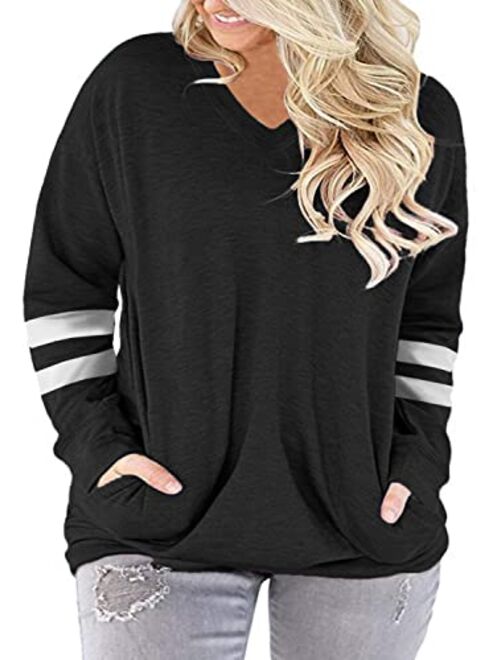 ROSRISS Plus-Size-Tops for Women Long Sleeve Casual Tunics V Neck Pockets Shirts