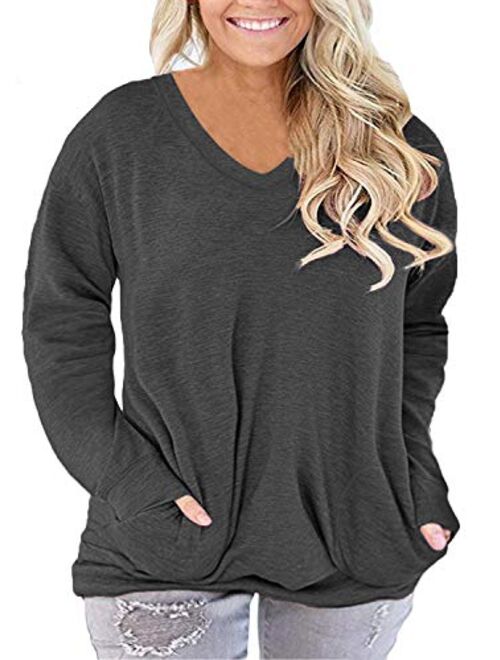 ROSRISS Plus-Size-Tops for Women Long Sleeve Casual Tunics V Neck Pockets Shirts