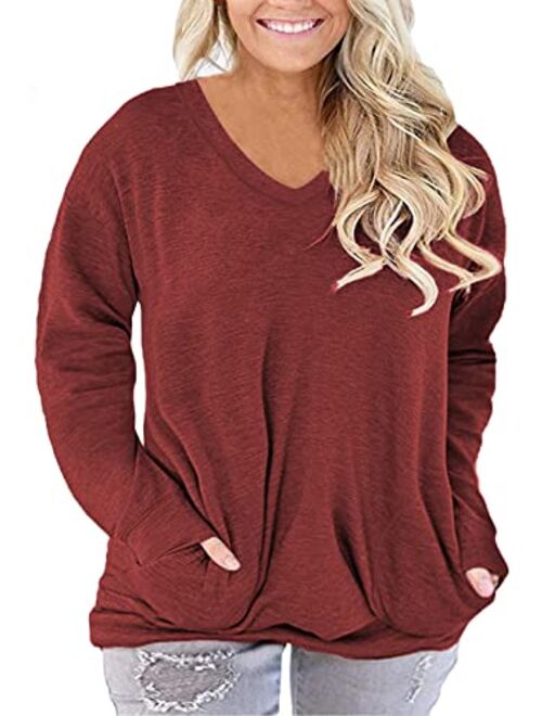 ROSRISS Plus-Size-Tops for Women Long Sleeve Casual Tunics V Neck Pockets Shirts