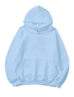 Lauweion Women Solid Basic Fleece Letter Loose Hoodie Sweatshirt Long Sleeve Kangaroo Pocket Drop Shoulder Pullovers Top