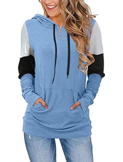 CATHY Women's Casual Drawstring Pullover Tunic Top Long Sleeve Color Block Hoodie Sweatshirts With Pocket