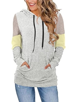 CATHY Women's Casual Drawstring Pullover Tunic Top Long Sleeve Color Block Hoodie Sweatshirts With Pocket