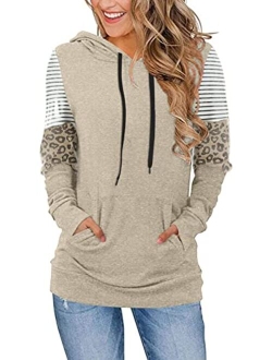 CATHY Women's Casual Drawstring Pullover Tunic Top Long Sleeve Color Block Hoodie Sweatshirts With Pocket