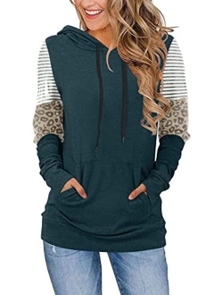 CATHY Women's Casual Drawstring Pullover Tunic Top Long Sleeve Color Block Hoodie Sweatshirts With Pocket