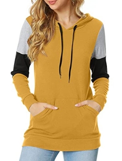 CATHY Women's Casual Drawstring Pullover Tunic Top Long Sleeve Color Block Hoodie Sweatshirts With Pocket