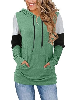 CATHY Women's Casual Drawstring Pullover Tunic Top Long Sleeve Color Block Hoodie Sweatshirts With Pocket