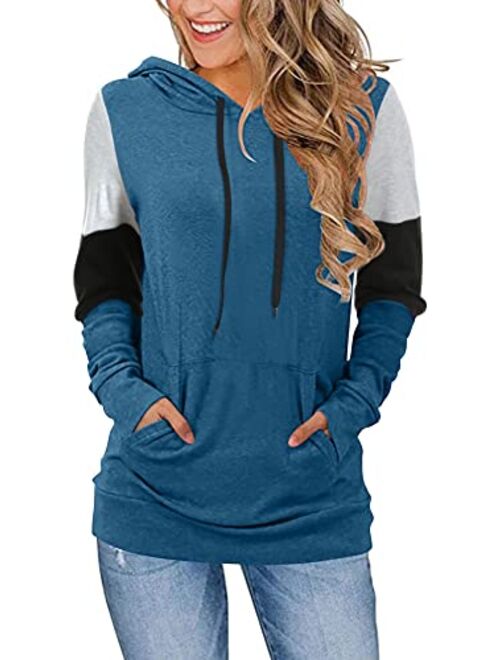 CATHY Women's Casual Drawstring Pullover Tunic Top Long Sleeve Color Block Hoodie Sweatshirts With Pocket