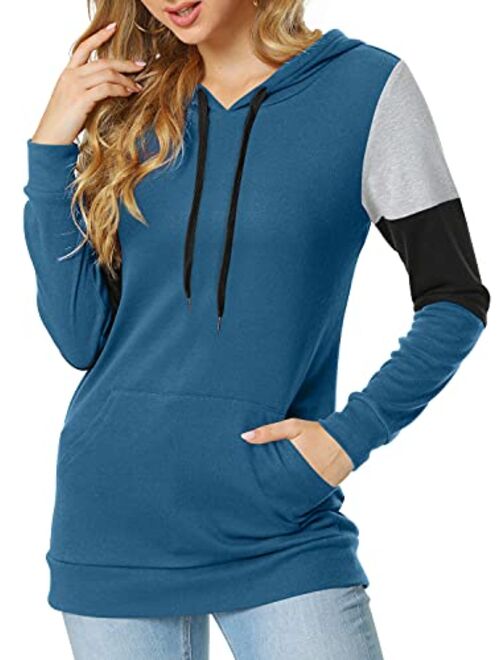 CATHY Women's Casual Drawstring Pullover Tunic Top Long Sleeve Color Block Hoodie Sweatshirts With Pocket