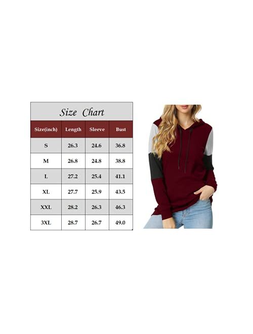 CATHY Women's Casual Drawstring Pullover Tunic Top Long Sleeve Color Block Hoodie Sweatshirts With Pocket