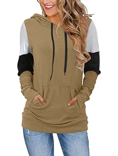 CATHY Women's Casual Drawstring Pullover Tunic Top Long Sleeve Color Block Hoodie Sweatshirts With Pocket