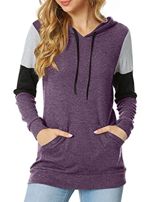 CATHY Women's Casual Drawstring Pullover Tunic Top Long Sleeve Color Block Hoodie Sweatshirts With Pocket